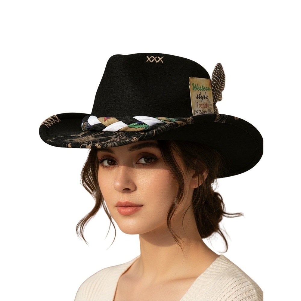 Black Felt Western Cowboy Hat Floral Print Braided Band Feather Boho NWT
